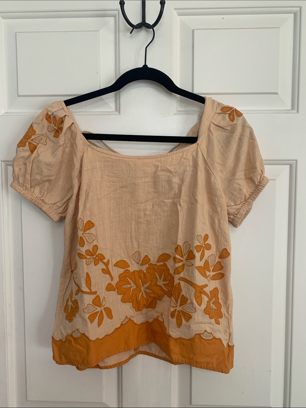 Madewell Beige Pheasant Blouse with Orange Floral Embroidery Size S 100% Cotton